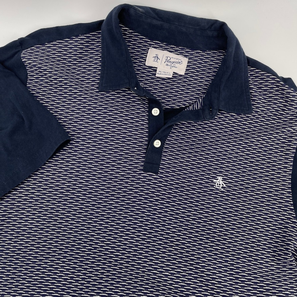 Original Penguin Mens XL Golf Polo Shirt Blue White Geometric Print Short Sleeve